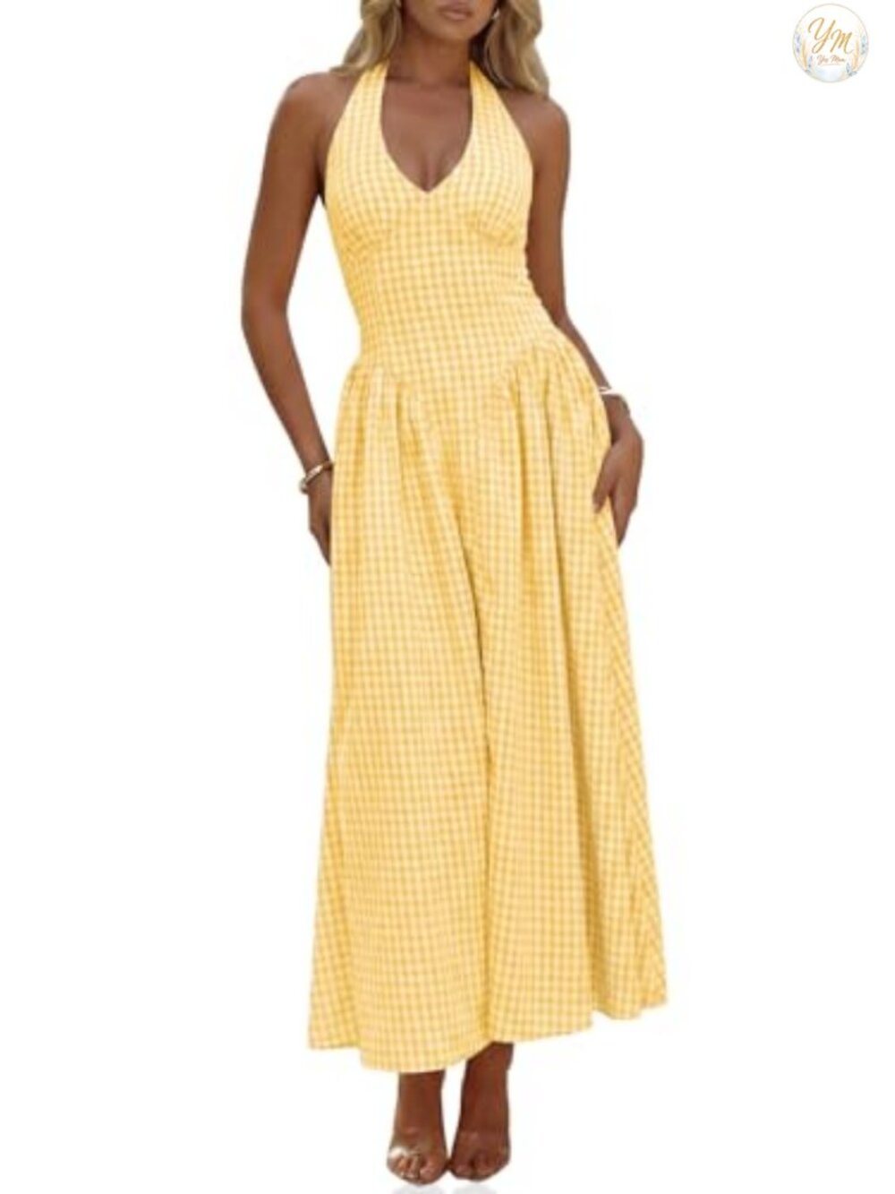 Womens Halter V Neck Corset Maxi Dress Summer Plaid Smocked A-Line Casual